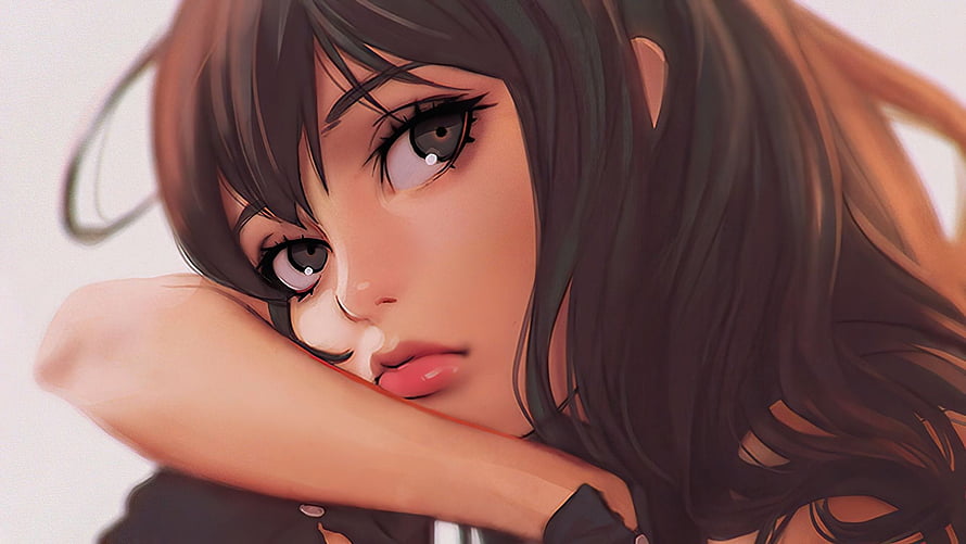 Anime Girl With Dark Hair Resting Chin On Arm In Soft Digital Illustration HD wallpaper