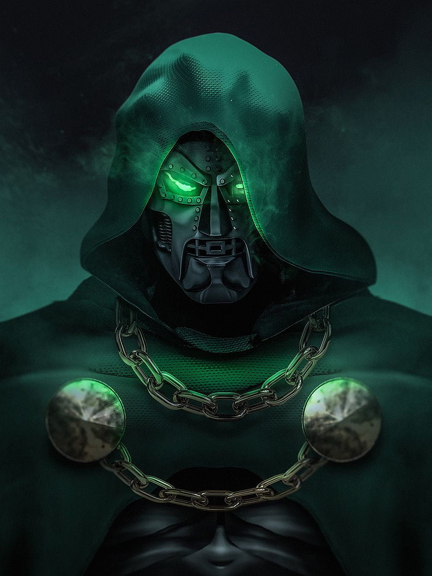 Doctor Doom in Dark Green Hooded Cloak with Glowing Eyes and Metal Chains HD phone wallpaper