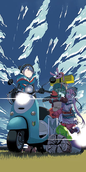 Yuru Camp anime illustration of two characters on a scooter with camping gear under a dramatic sky HD phone wallpaper