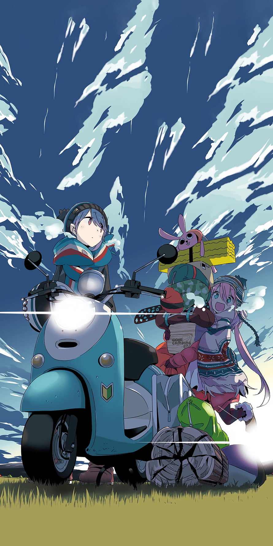 Yuru Camp anime illustration of two characters on a scooter with camping gear under a dramatic sky HD phone wallpaper