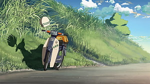 Makoto Shinkai Anime Scene: Vintage Scooter Parked on a Sunny Countryside Road HD wallpaper