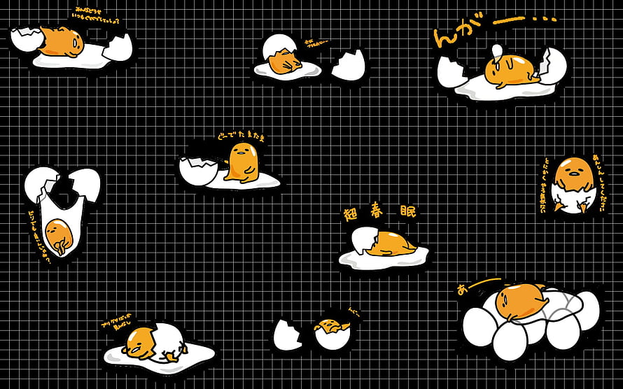 Gudetama Sanrio Character Sticker Collection on Black Grid Background HD wallpaper