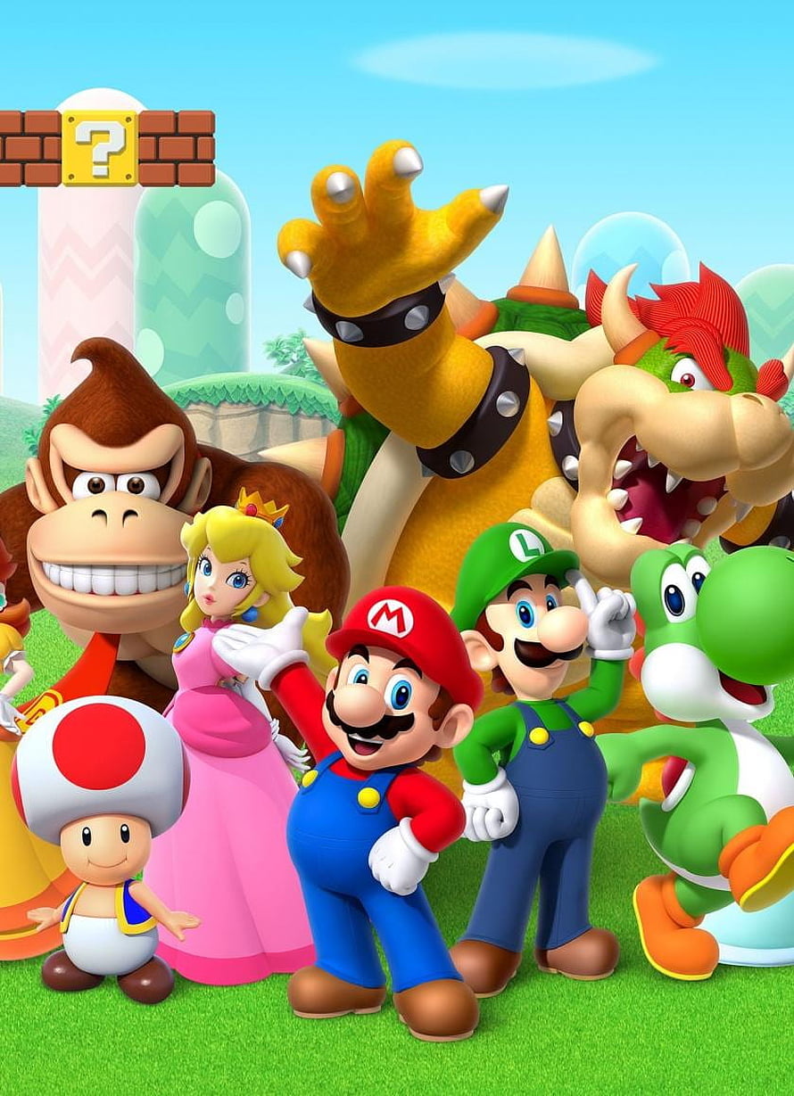 Super Mario Bros. Character Group Featuring Mario, Luigi, Peach, Yoshi, Bowser, Donkey Kong, and Toad HD phone wallpaper