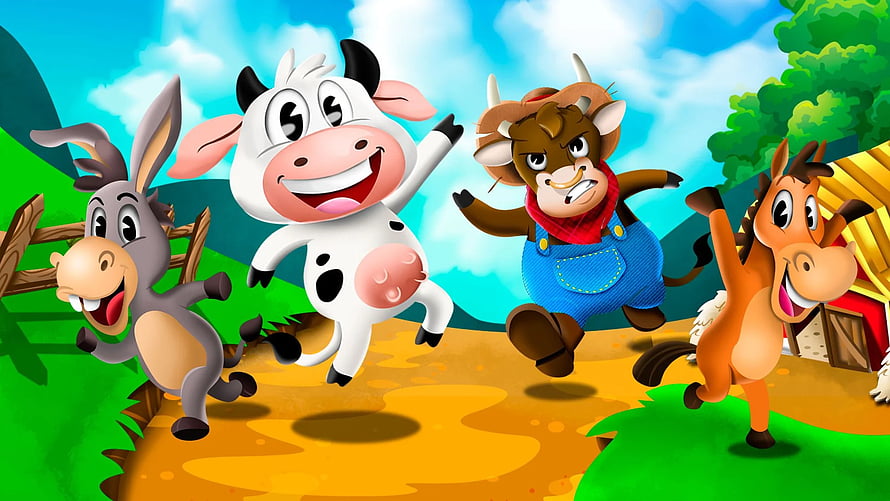 Lola the Cow and Farm Animal Friends in a Colorful Cartoon Illustration HD wallpaper