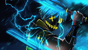 Anime Character Wearing Glowing Mask Holding Dual Swords Amidst Blue Lightning HD wallpaper