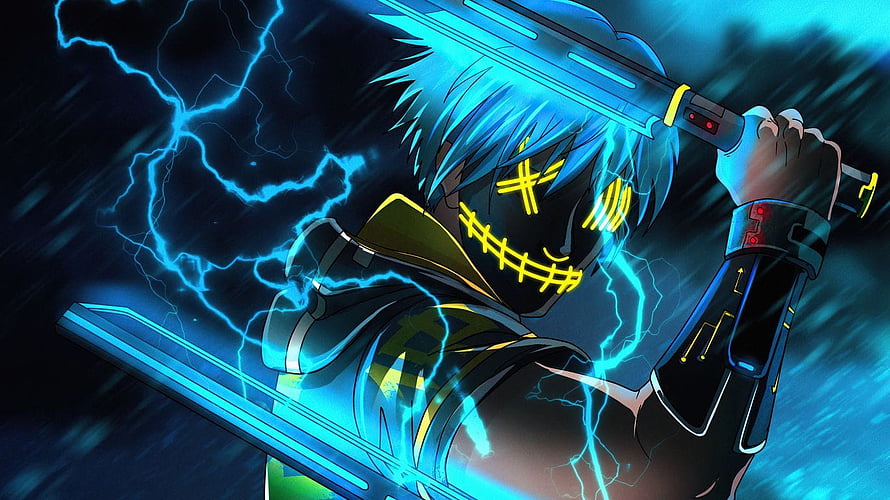 Anime Character Wearing Glowing Mask Holding Dual Swords Amidst Blue Lightning HD wallpaper