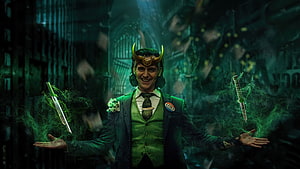 Loki in Green Suit with Horned Helmet and Floating Daggers HD wallpaper