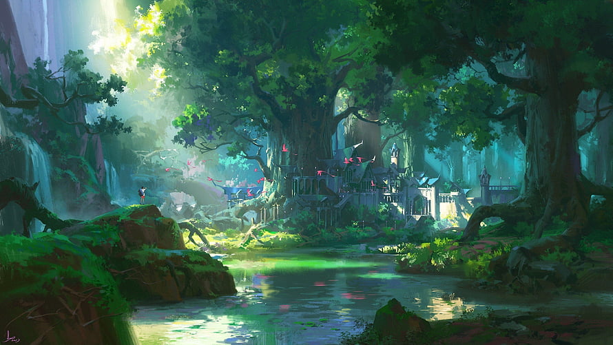 Mystical Forest Village with Waterfall and Ancient Trees in Anime Style HD wallpaper