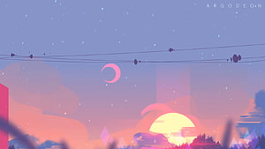 Argocean Sunset Skyline with Crescent Moon and Power Lines HD wallpaper