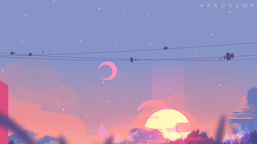 Argocean Sunset Skyline with Crescent Moon and Power Lines HD wallpaper