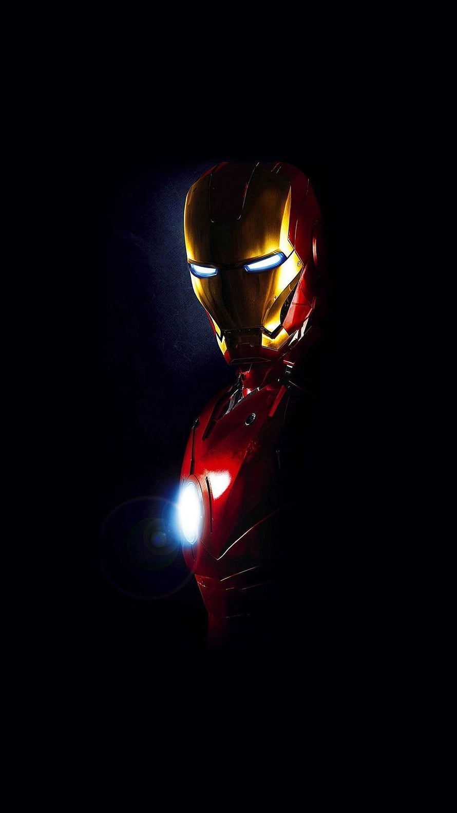 Iron Man Armor Portrait with Glowing Arc Reactor and Blue Eyes in Dark Cinematic Setting, Iron Man , amoled iron man HD phone wallpaper
