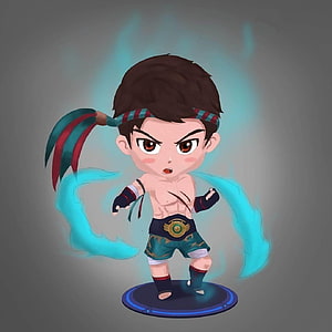 Chou from Mobile Legends in Chibi Style with Cyan Energy Aura and Fighting Stance HD phone wallpaper