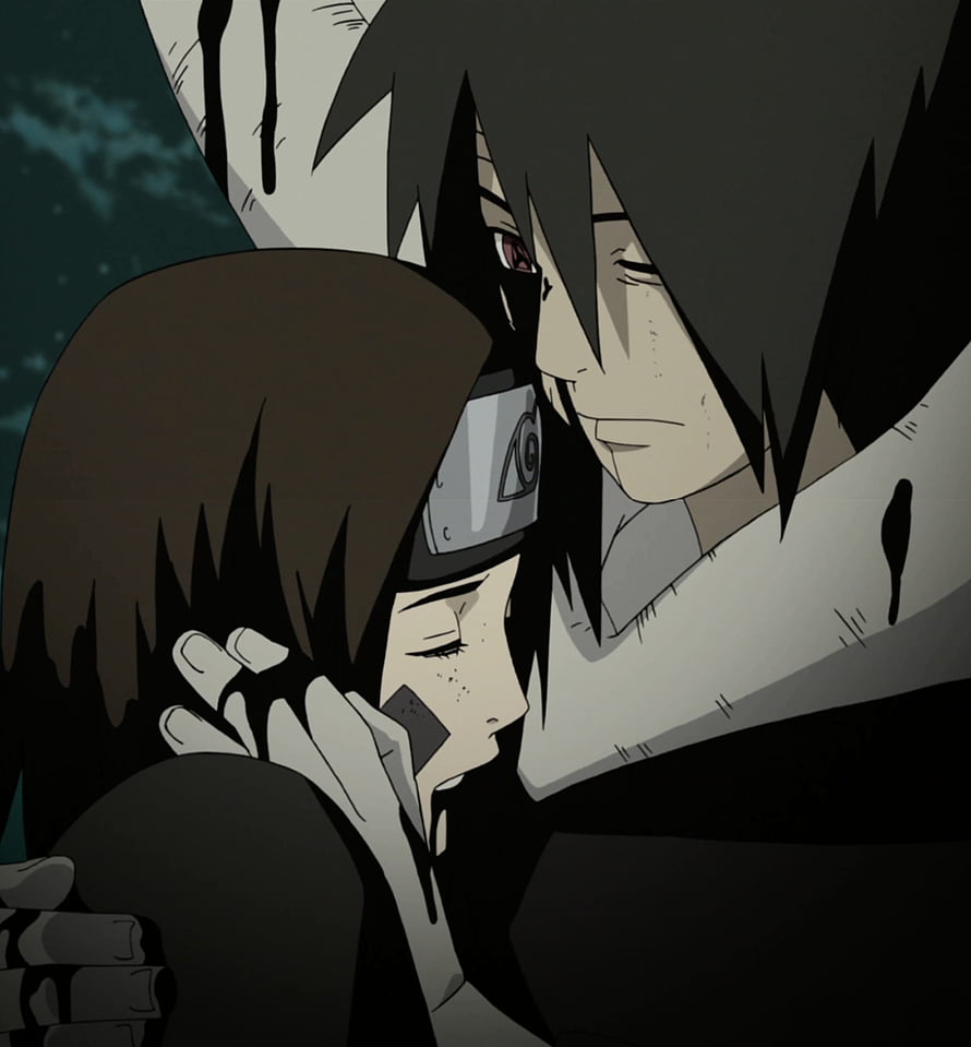 Obito and Rin Sharingan Embrace in Dark Anime Scene HD phone wallpaper