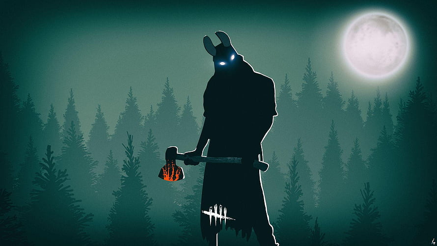 Dead by Daylight Killer Silhouette in Moonlit Pine Forest with Glowing Axe HD wallpaper