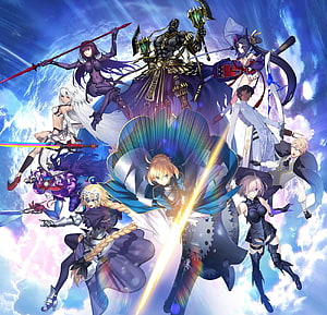 Fate Grand Order Heroic Spirits Group Artwork with Saber and Servants in Dynamic Sky Pose HD wallpaper