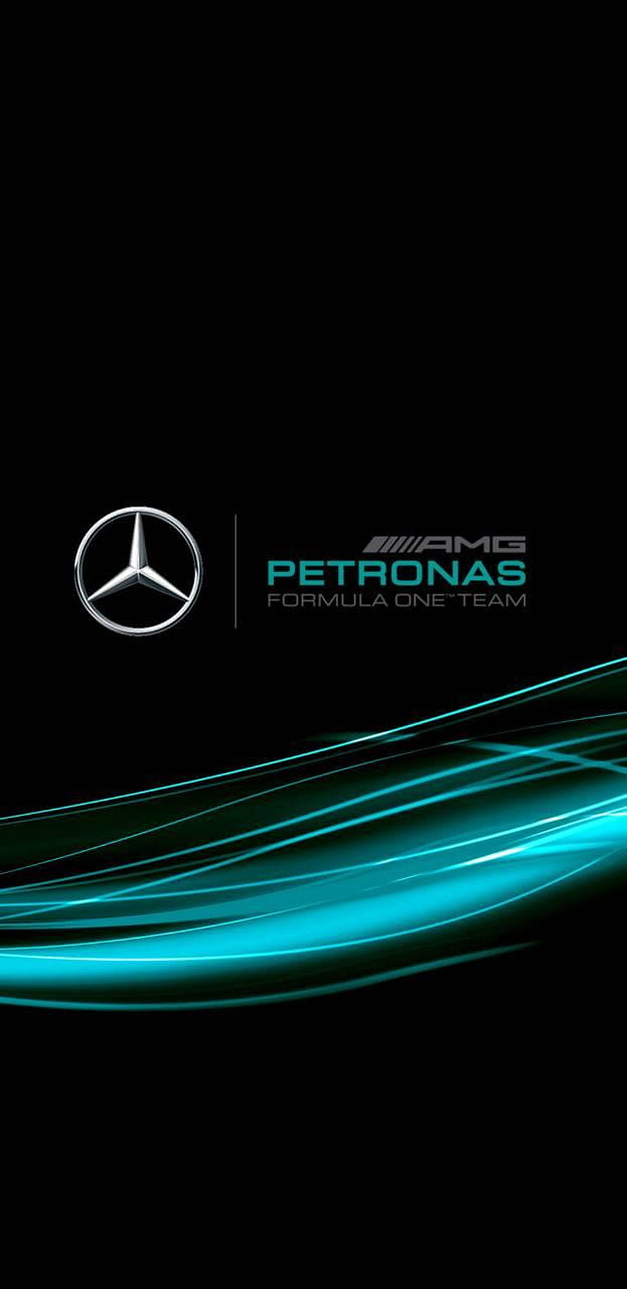 Mercedes AMG Petronas Formula One Team Logo with Teal Light Trails on Black Background HD phone wallpaper