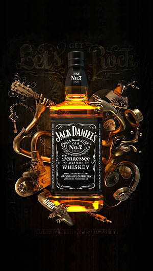 Jack Daniel's Old No. 7 Whiskey Bottle Surrounded by Rock and Roll Icons on Dark Background HD phone wallpaper