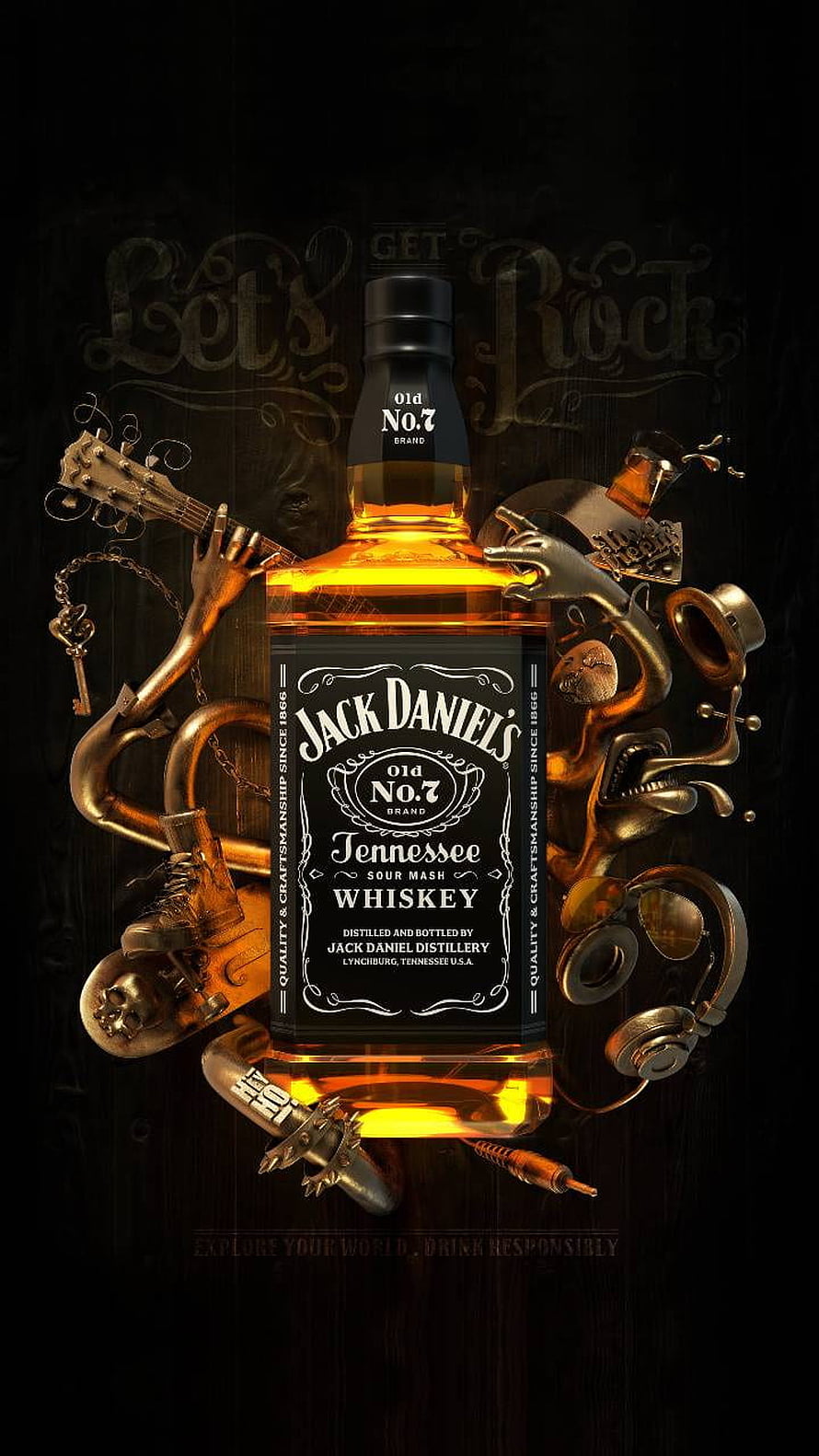 Jack Daniel's Old No. 7 Whiskey Bottle Surrounded by Rock and Roll Icons on Dark Background HD phone wallpaper