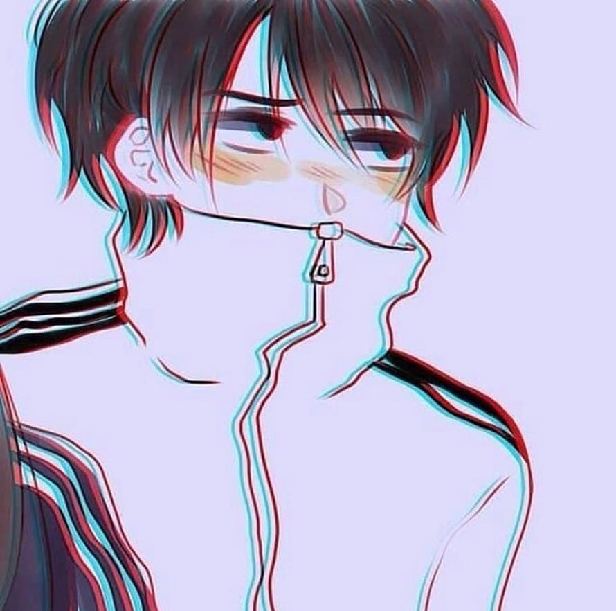 Anime Boy With Zipper Mouth And Glitch Effect Portrait HD wallpaper