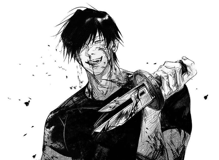 Toji Fushiguro manga illustration holding a katana with a fierce grin HD wallpaper