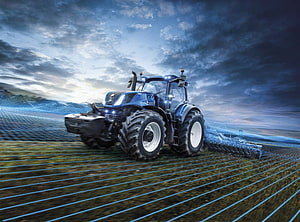 New Holland Tractor Plowing a Field with Digital Grid Overlay Under Dramatic Sky HD wallpaper
