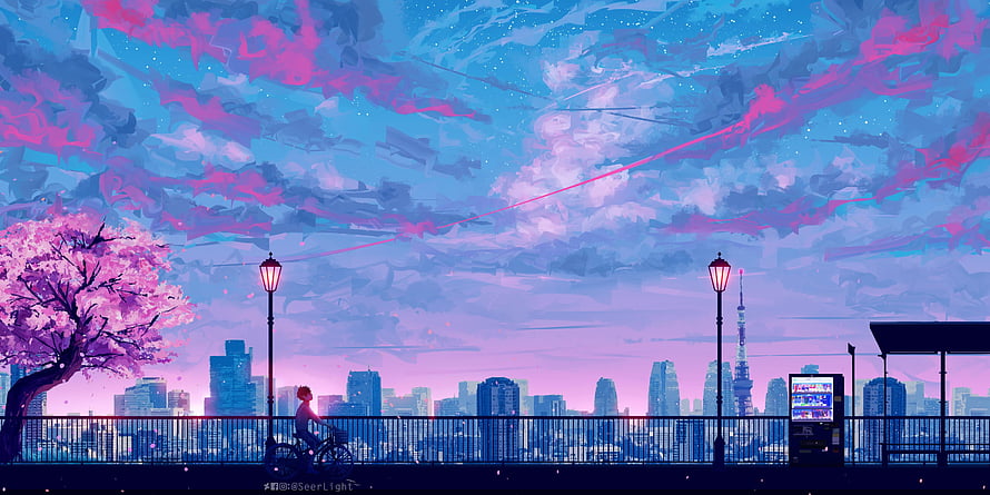 Anime Cityscape at Dusk with Cherry Blossoms and Tokyo Tower HD wallpaper
