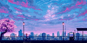 Dreamy Anime Cityscape with Cherry Blossoms and Twilight Skyline HD wallpaper