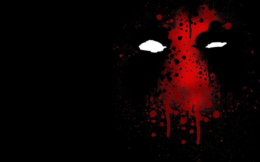 Deadpool Red Splatter Mask with Glowing White Eyes on Black Background HD wallpaper