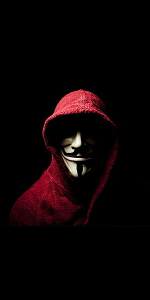 Money Heist Character in Red Hoodie and Guy Fawkes Mask Against Black Background HD phone wallpaper