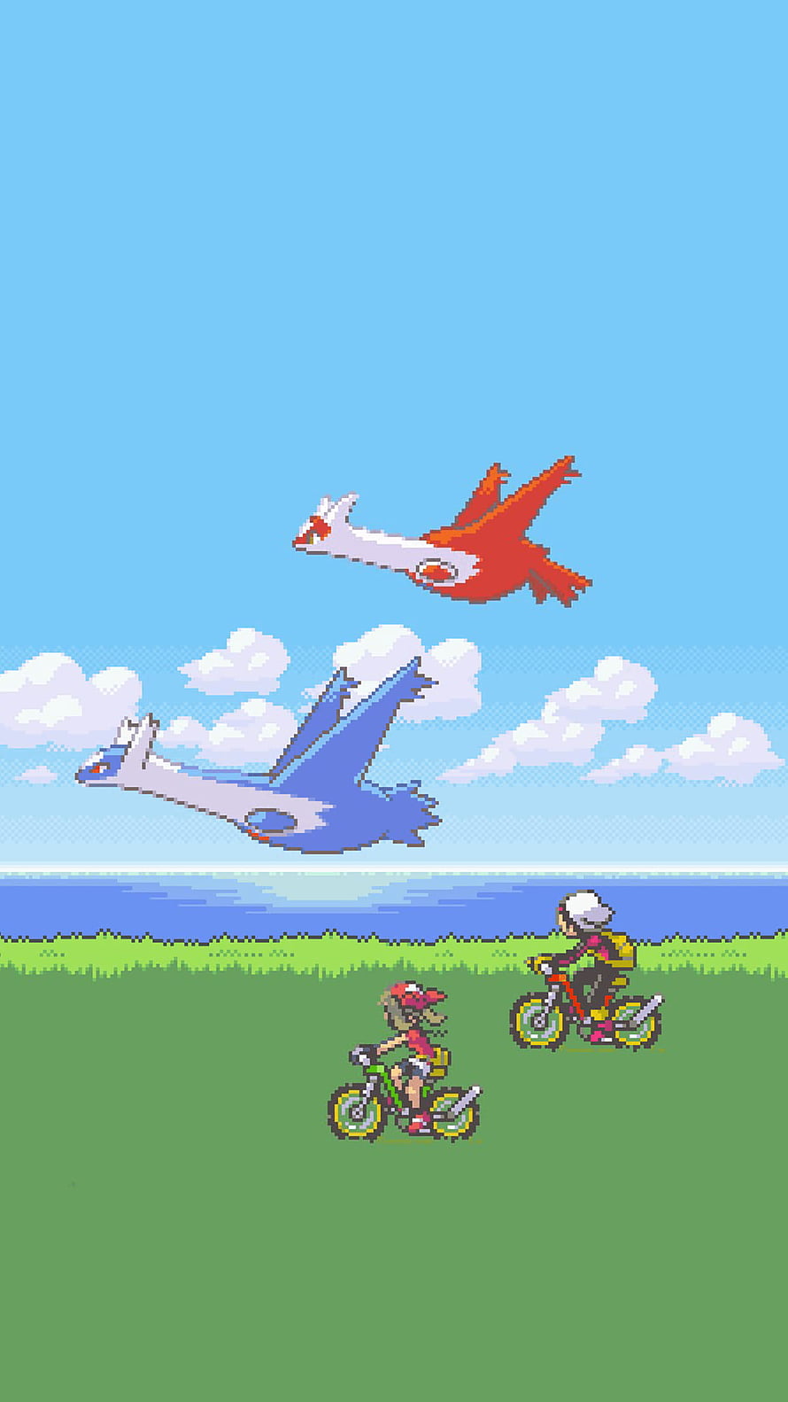Pokemon Ruby Sapphire Emerald Pixel Art with Latias Latios and Cyclists on Grassland HD phone wallpaper