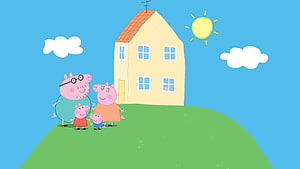 Peppa Pig Family Standing in Front of Their Yellow House on a Sunny Hill HD wallpaper