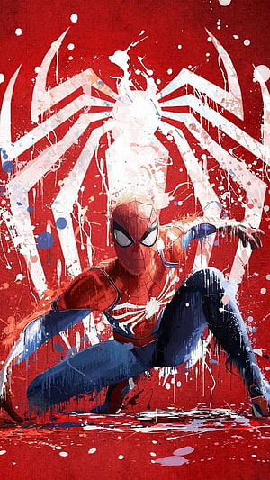 Spider-Man Crouching Hero Pose with Paint Splatter and Spider Symbol on Red Background, Spiderman Portrait, vertical spider man HD phone wallpaper