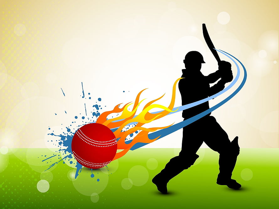 Dynamic Cricket Batsman Silhouette with Fiery Red Ball and Blue Motion Trails on Green Field, cricket logo, #Cricket HD wallpaper