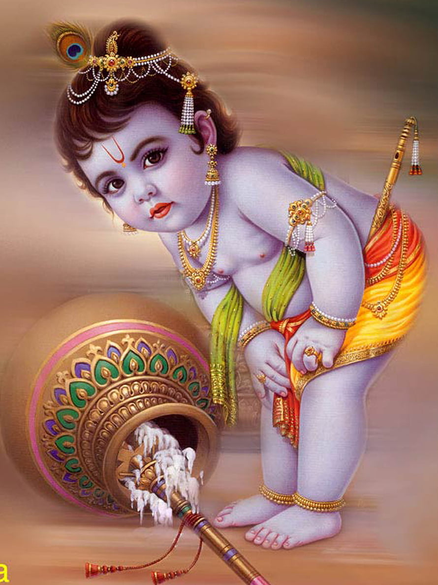Baal Krishna Stealing Butter from a Pot in Traditional Indian Art HD phone wallpaper