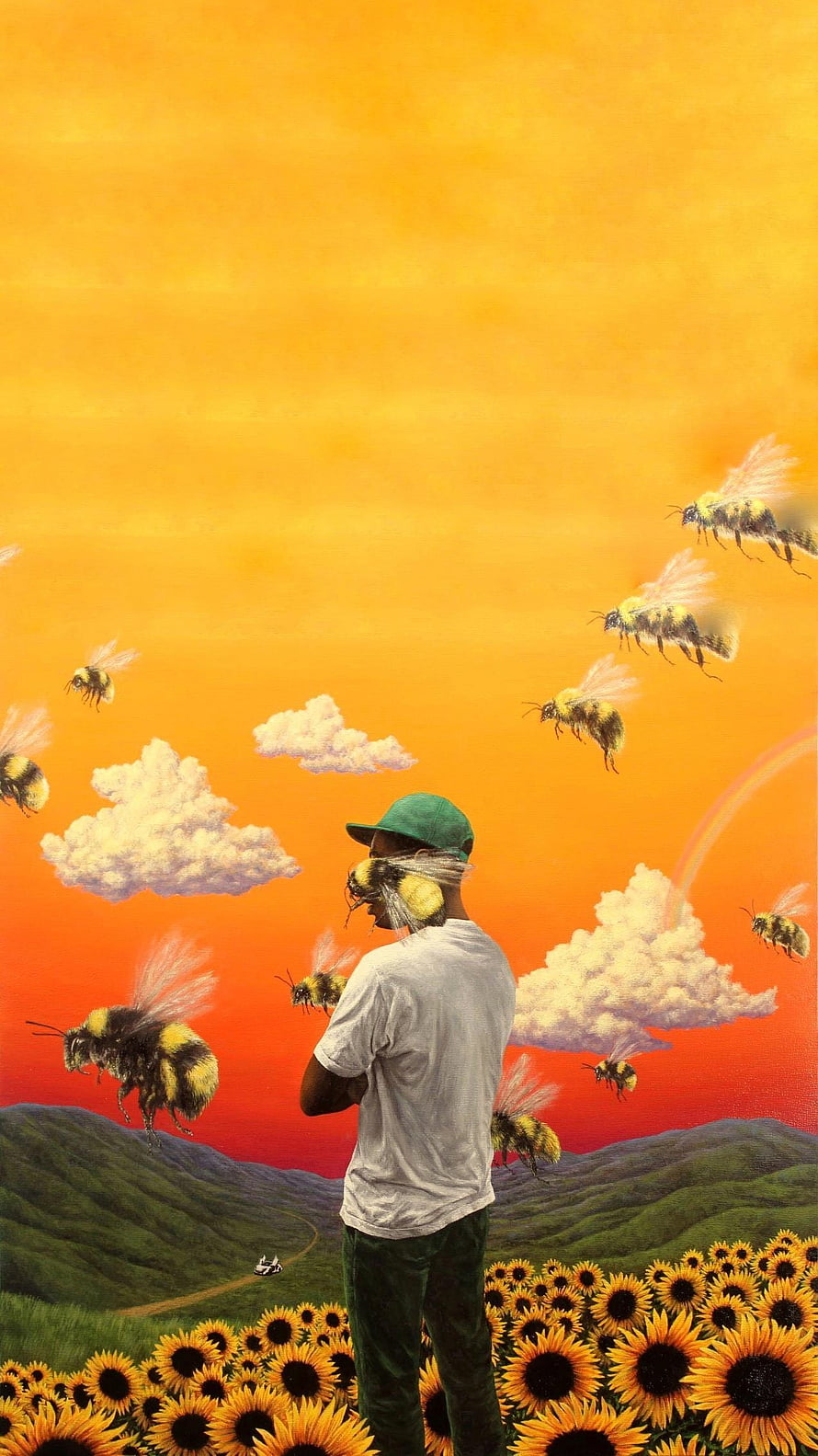 Tyler the Creator in a Surreal Sunflower Field with Giant Bees and a Vibrant Sunset Sky HD phone wallpaper