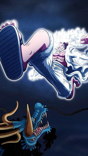 Luffy Gear 5 Nika Form Flying Above Kaido Dragon in One Piece Anime HD phone wallpaper