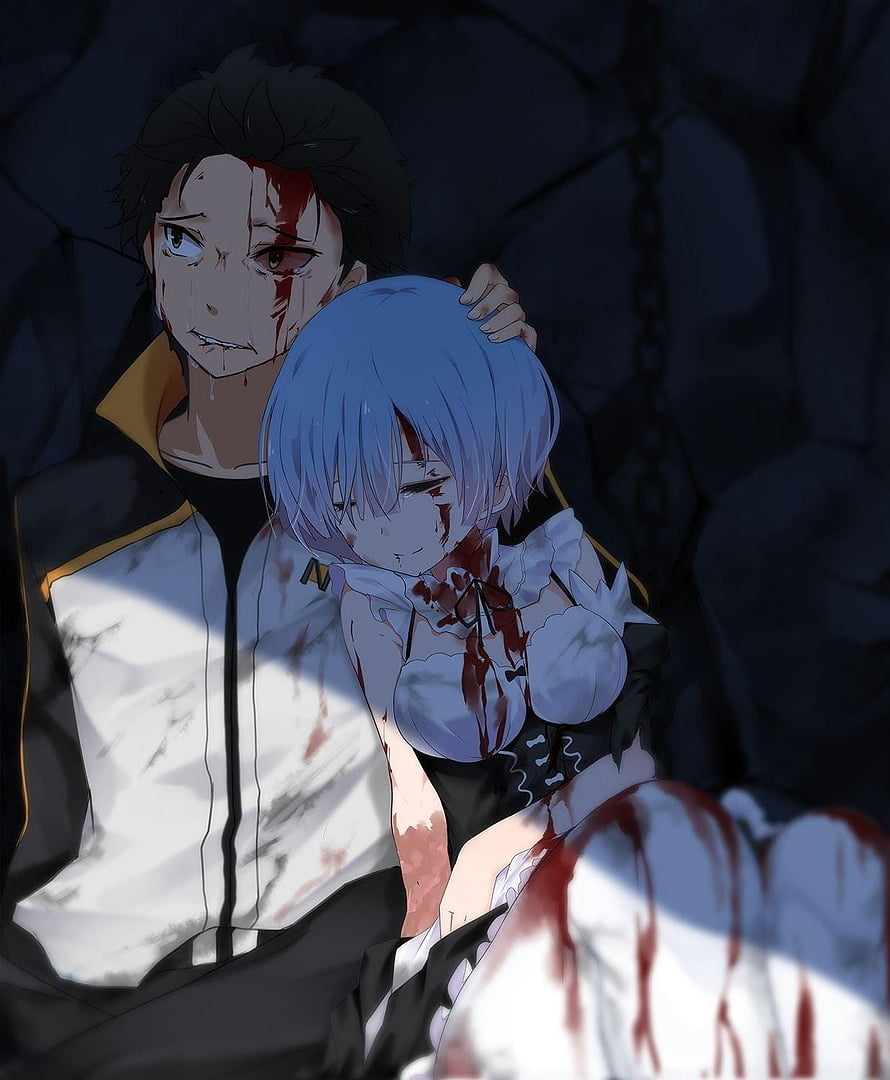 Subaru Natsuki and Rem in a Dark and Emotional Anime Scene HD phone wallpaper