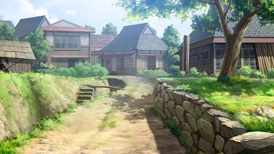 Anime Village Landscape with Traditional Japanese Houses and Stone Path HD wallpaper