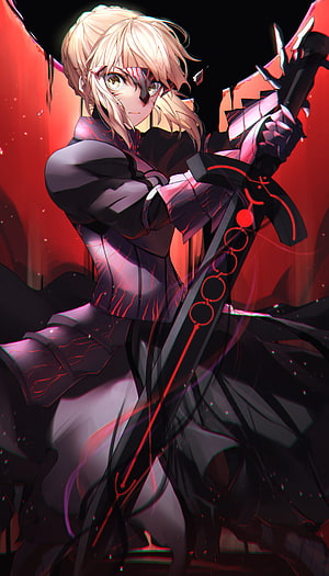 Saber Alter Artoria Pendragon Dark Fantasy Anime Character with Glowing Red Sword HD phone wallpaper