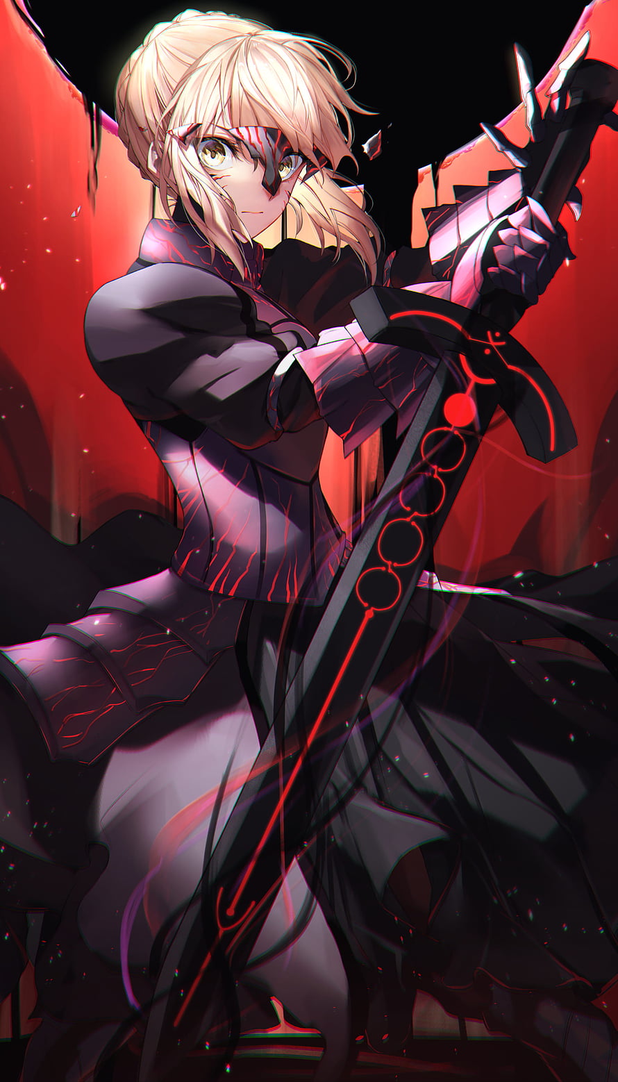 Saber Alter Artoria Pendragon Dark Fantasy Anime Character with Glowing Red Sword HD phone wallpaper