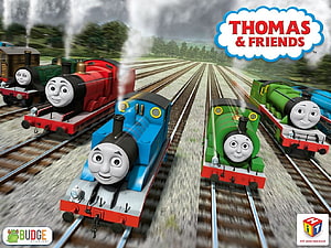 Thomas and Friends Animated Trains Racing on Parallel Railway Tracks HD wallpaper
