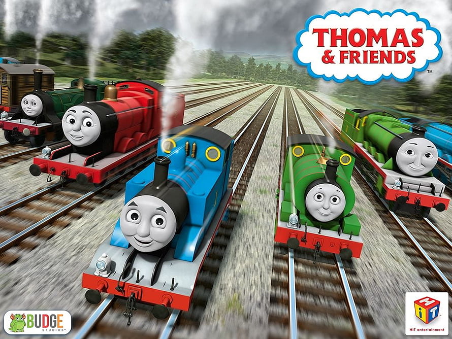 Thomas and Friends Animated Trains Racing on Parallel Railway Tracks HD wallpaper
