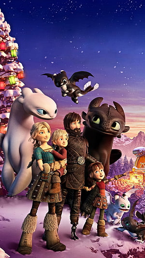 How to Train Your Dragon Homecoming Family and Dragons in Snowy Village at Dusk HD phone wallpaper