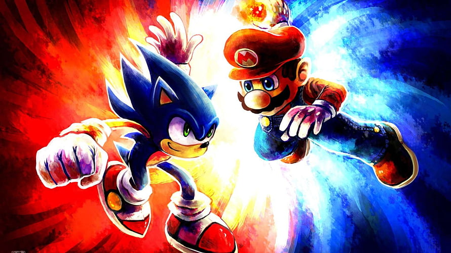 Sonic and Mario Running Side by Side in Vibrant Artwork HD wallpaper