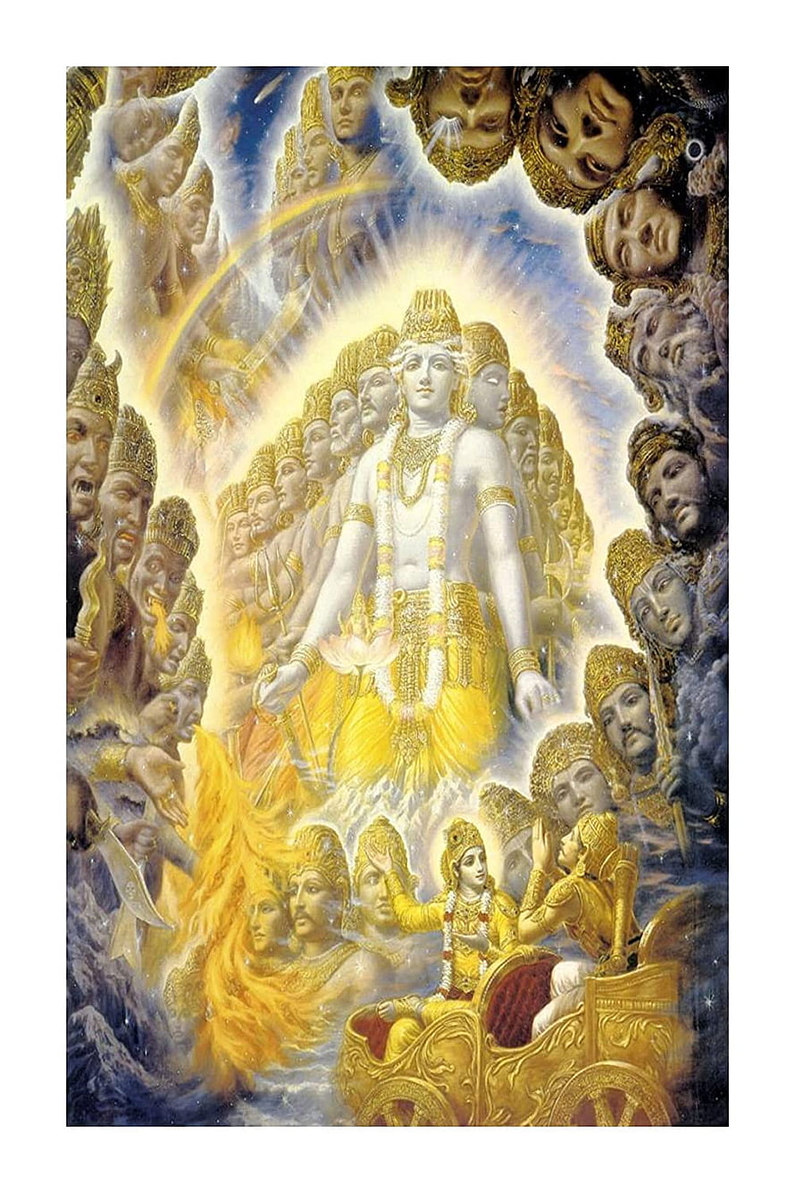 Lord Krishna Virat Roop Divine Multi-Headed Form with Golden Aura and Celestial Figures HD phone wallpaper