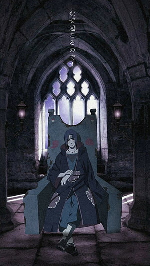 Itachi Uchiha Seated on a Throne in a Gothic Cathedral with Stained Glass Windows HD phone wallpaper