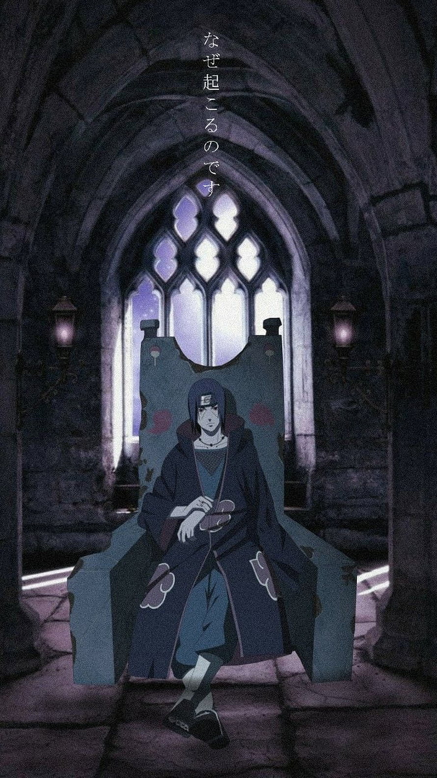 Itachi Uchiha Seated on a Throne in a Gothic Cathedral with Stained Glass Windows HD phone wallpaper