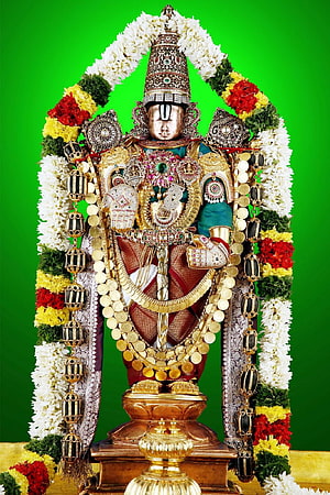 Lord Venkateswara Temple Idol Adorned With Gold Jewelry And Flower Garland HD phone wallpaper
