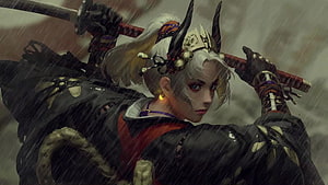 Samurai Girl in Rain with Katana and Horned Helmet HD wallpaper
