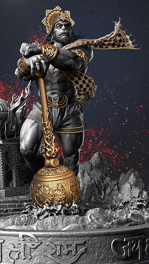 Lord Hanuman 3D Sculpture with Mace and Golden Crown HD phone wallpaper
